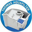 Знак системы водяной фильтрации THOMAS Aquafilter, которая удерживает 99,99% пыли и 100% пыльцы