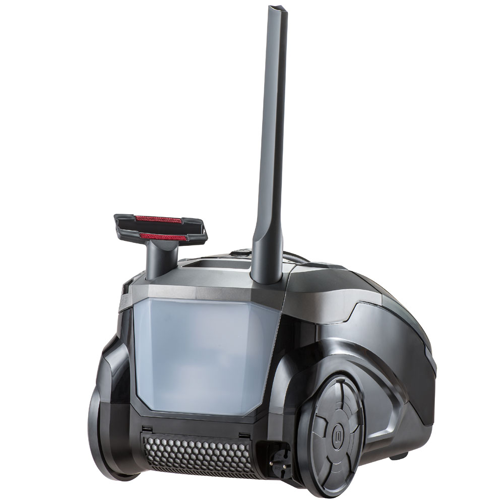 Parkett Prestige XT, rear view. Upholstered furniture and crevice nozzles are attached to the body for easy cleaning