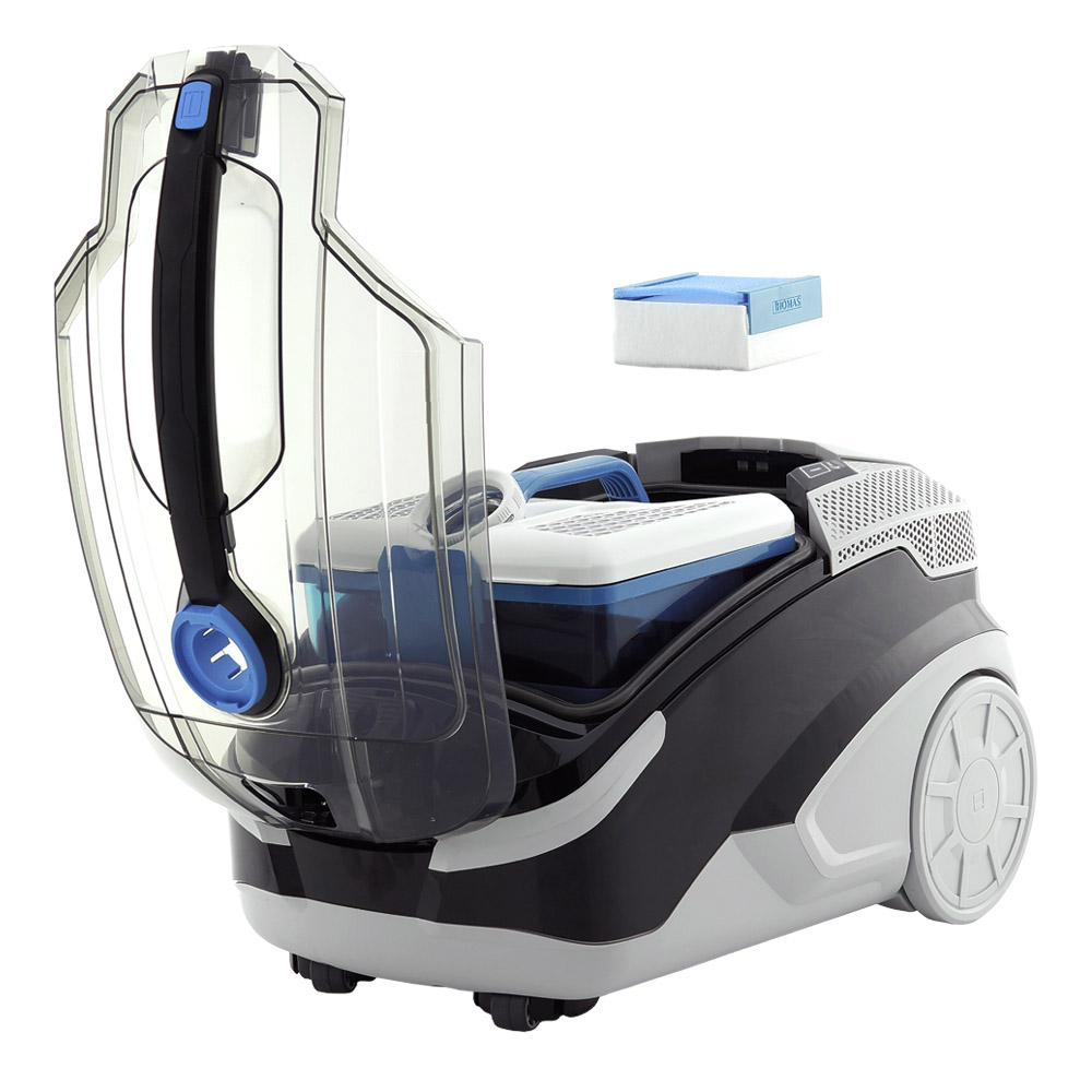 THOMAS Vestfalia XT vacuum cleaner with the opened translucent lid. Installing the AquaBOX water filter and HEPA filter
