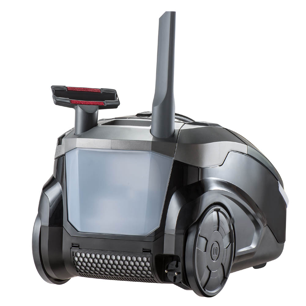 Parkett Master XT, rear view. Upholstered furniture and crevice nozzles are attached to the body for easy cleaning