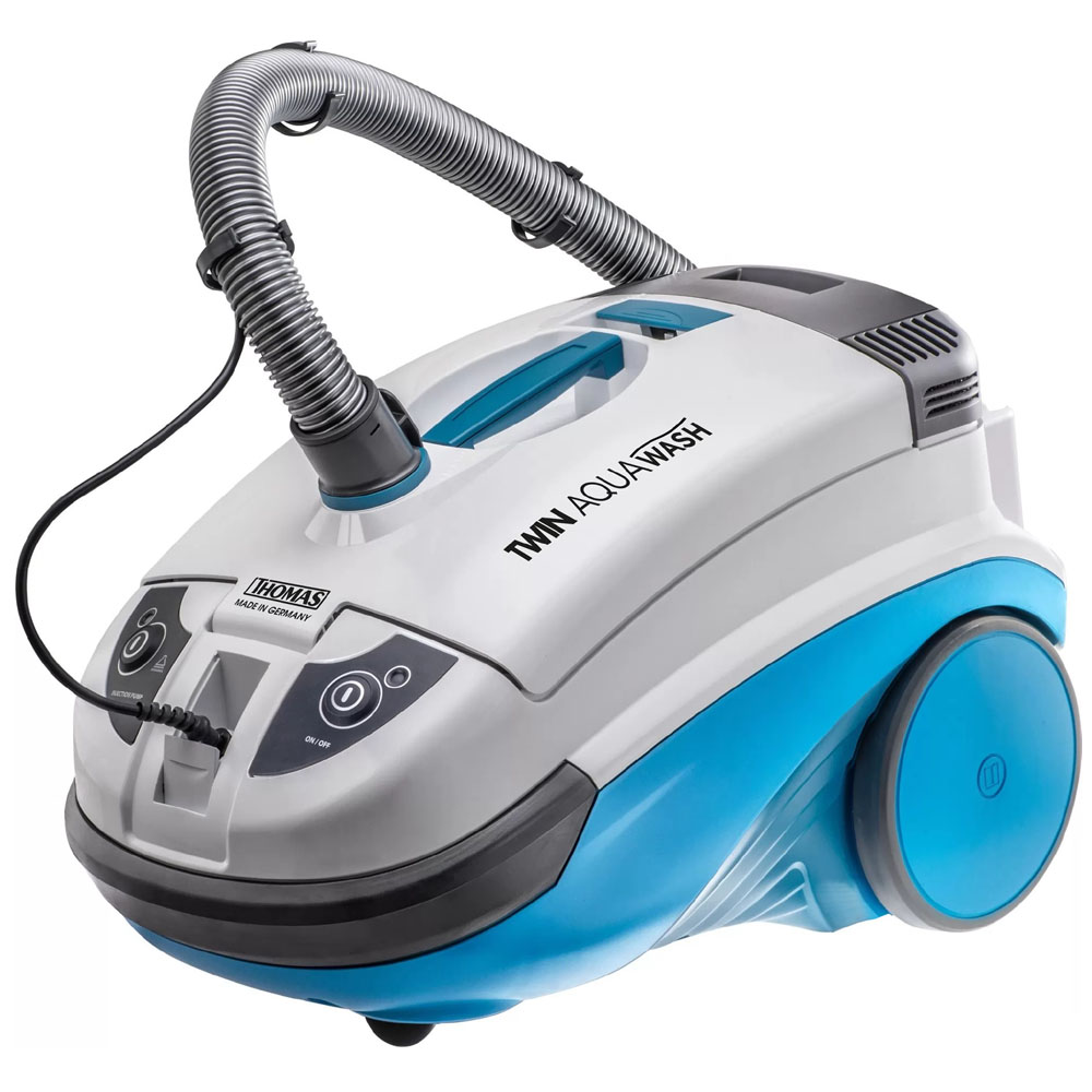 Twin Aquawash Pet, a washing vacuum cleaner with hose and detergent tube attached