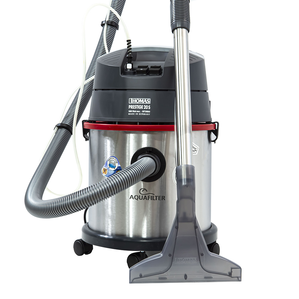 Prestige 20S Aquafilter with attached hose and nozzle for thorough carpet washing with hard floor cleaning adapter