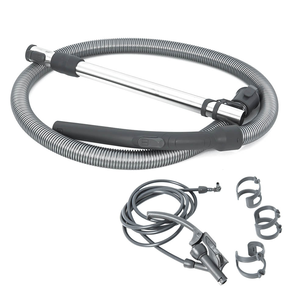 Flexible suction hose, stainless steel telescopic tube, spraying system with fastening clips 
