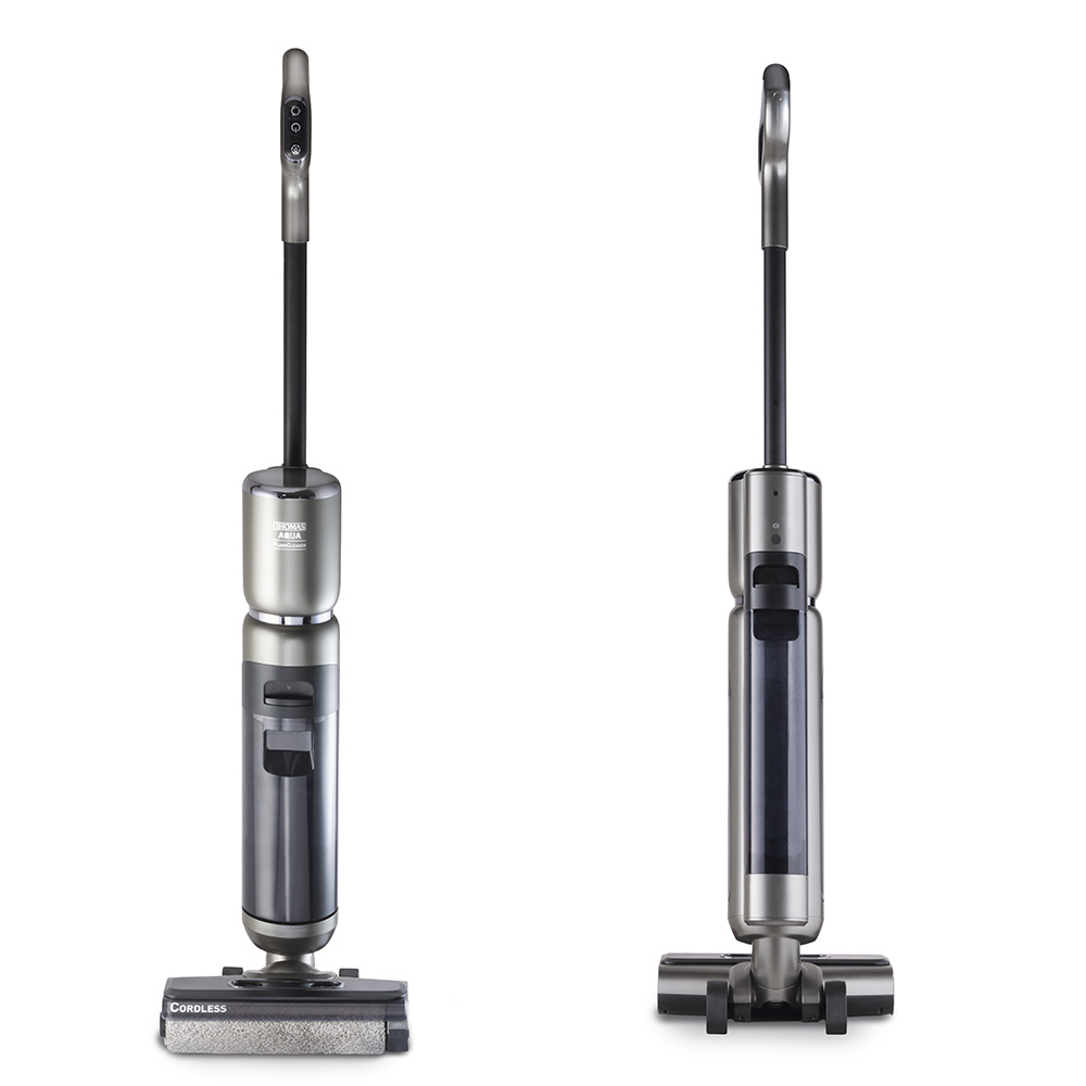 Аккумуляторный моющий пылесос AquaFloorCleaner Cordless, вид спереди и сзади, стильный и современный дизайн 