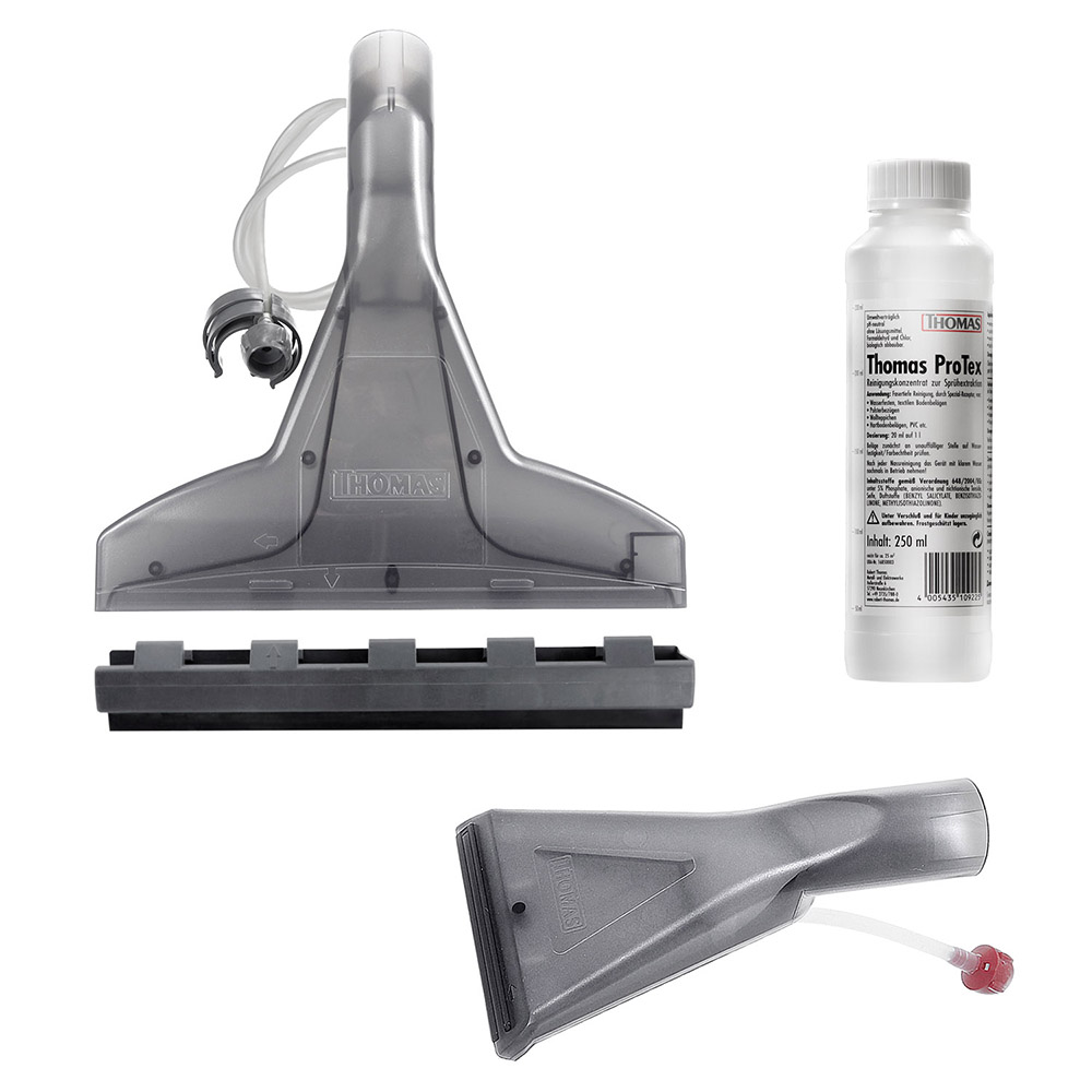 Wide wet carpet mopping nozzle with hard floor adapter, furniture nozzle and concentrate nozzle